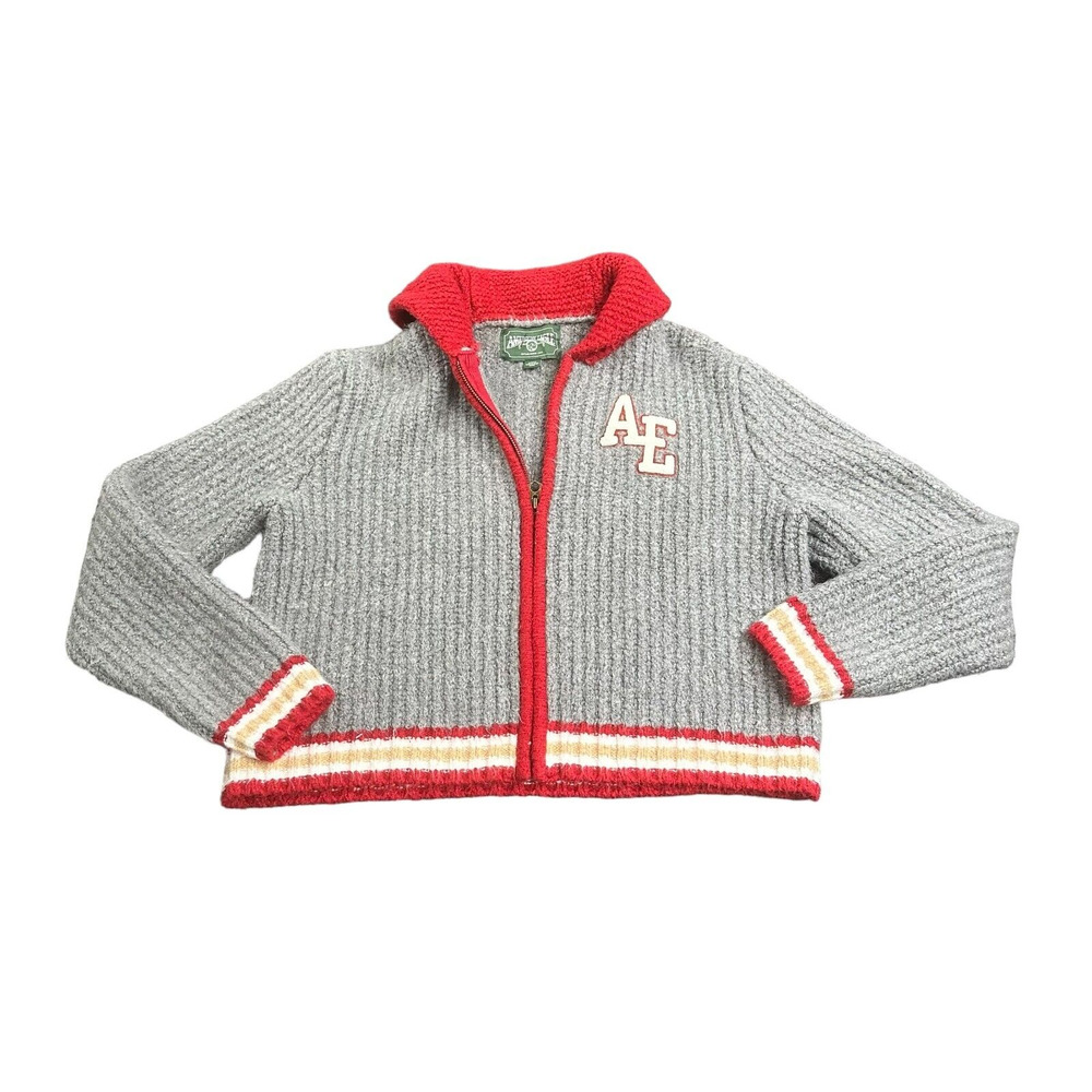 American Eagle Sweater Womens Medium Gray Knitted Varsity Jacket Chunky Cropped